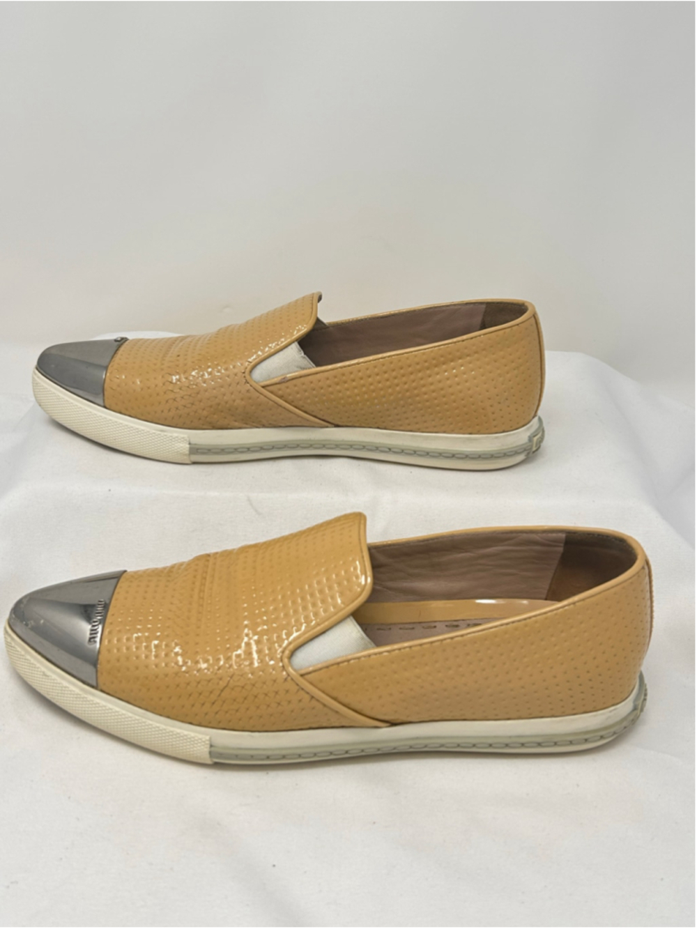 Miu Miu Patent Leather Slip-On Sneakers Tan Silver Toe Cap Size 37